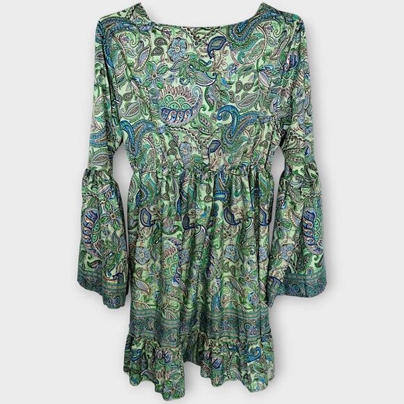 Womens Boho Dress Ruffle Flare‎ Sleeves Bohemian Blue Green Floral V Neck Boho - Picture 10 of 12
